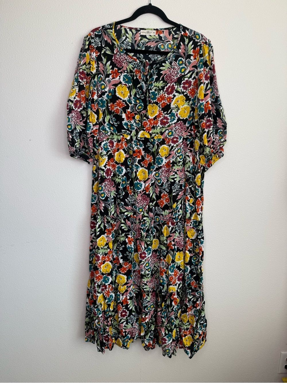 Natural Life Dress Sage V Neck Maxi Tiered Black floral Red Multi Yellow Accents - Picture 7 of 8